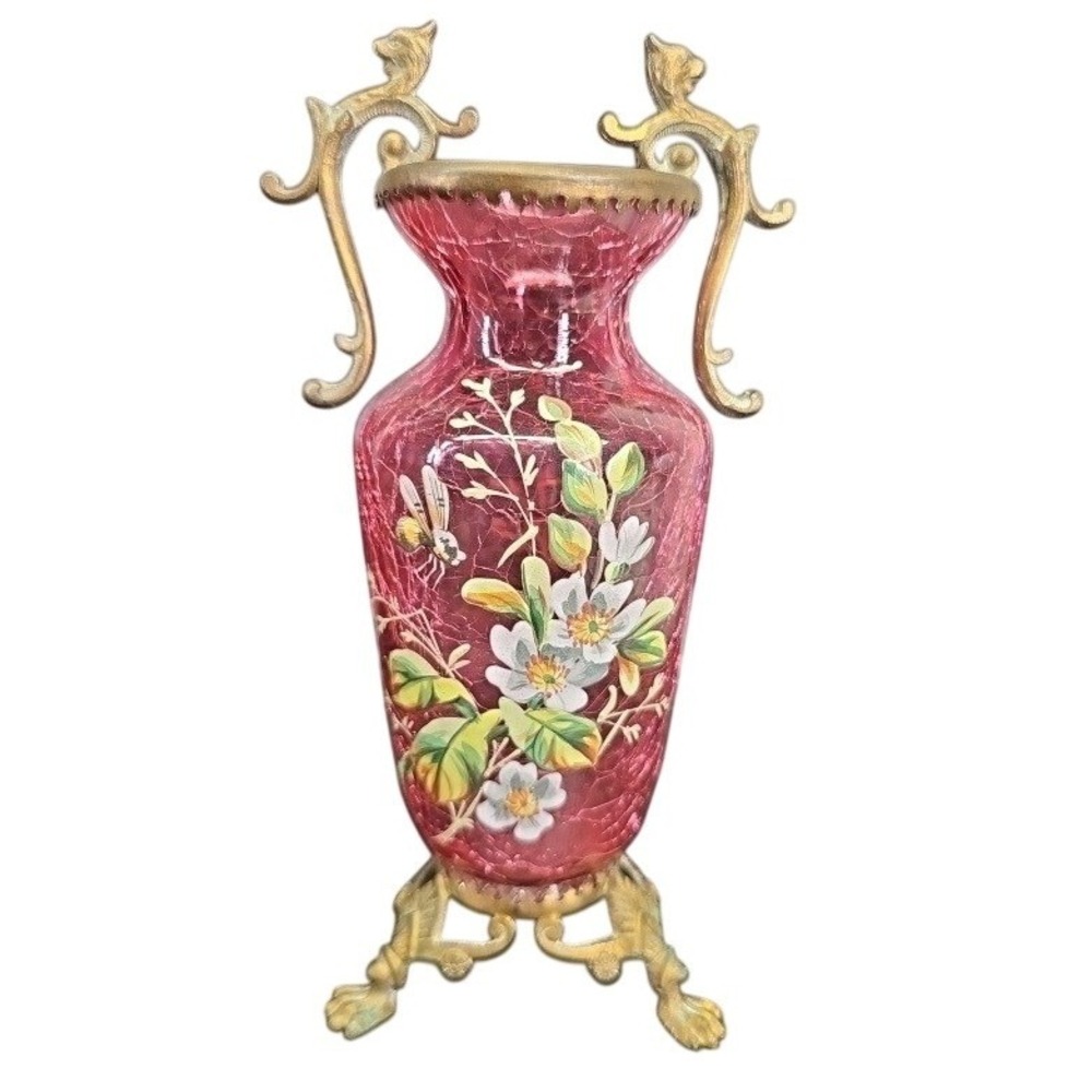 Vase 7.5"‎ 19th Cent Antique Moser Bohemian Cranberry Crackle Glass Enameled 🐝